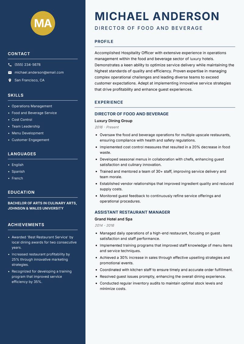 Hospitality Officer resume template — Classic Clean