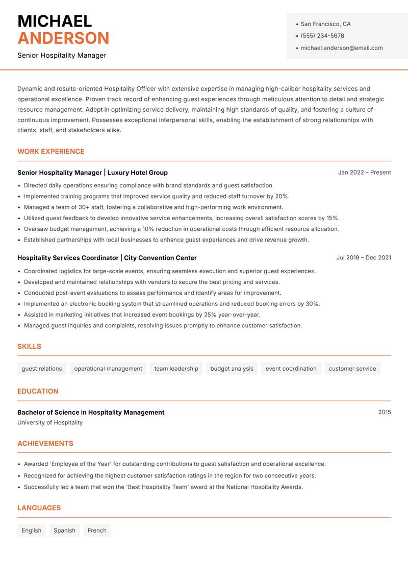 Hospitality Officer resume template — Modern Professional