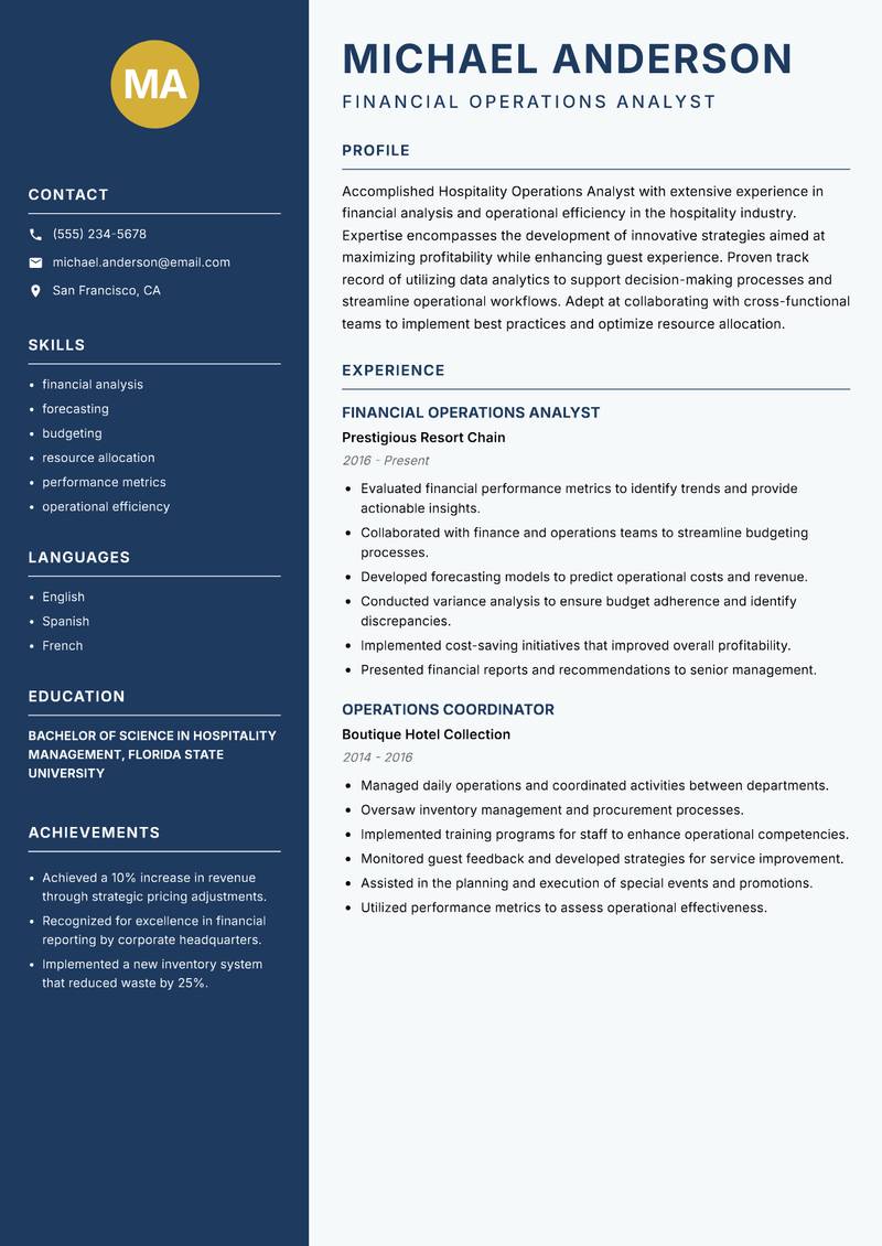 Hospitality Operations Analyst resume template — Classic Clean