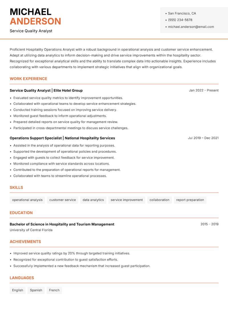 Hospitality Operations Analyst resume template — Modern Professional