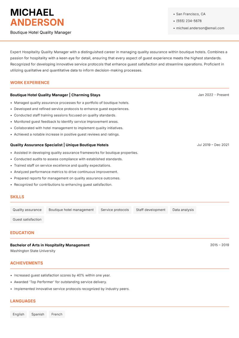 Hospitality Quality Manager resume template — Modern Professional