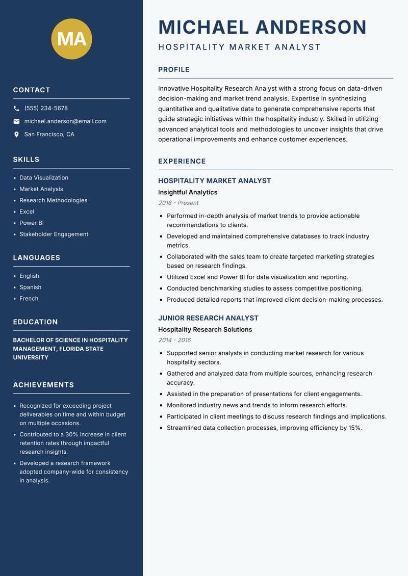 Hospitality Research Analyst resume template — Classic Clean