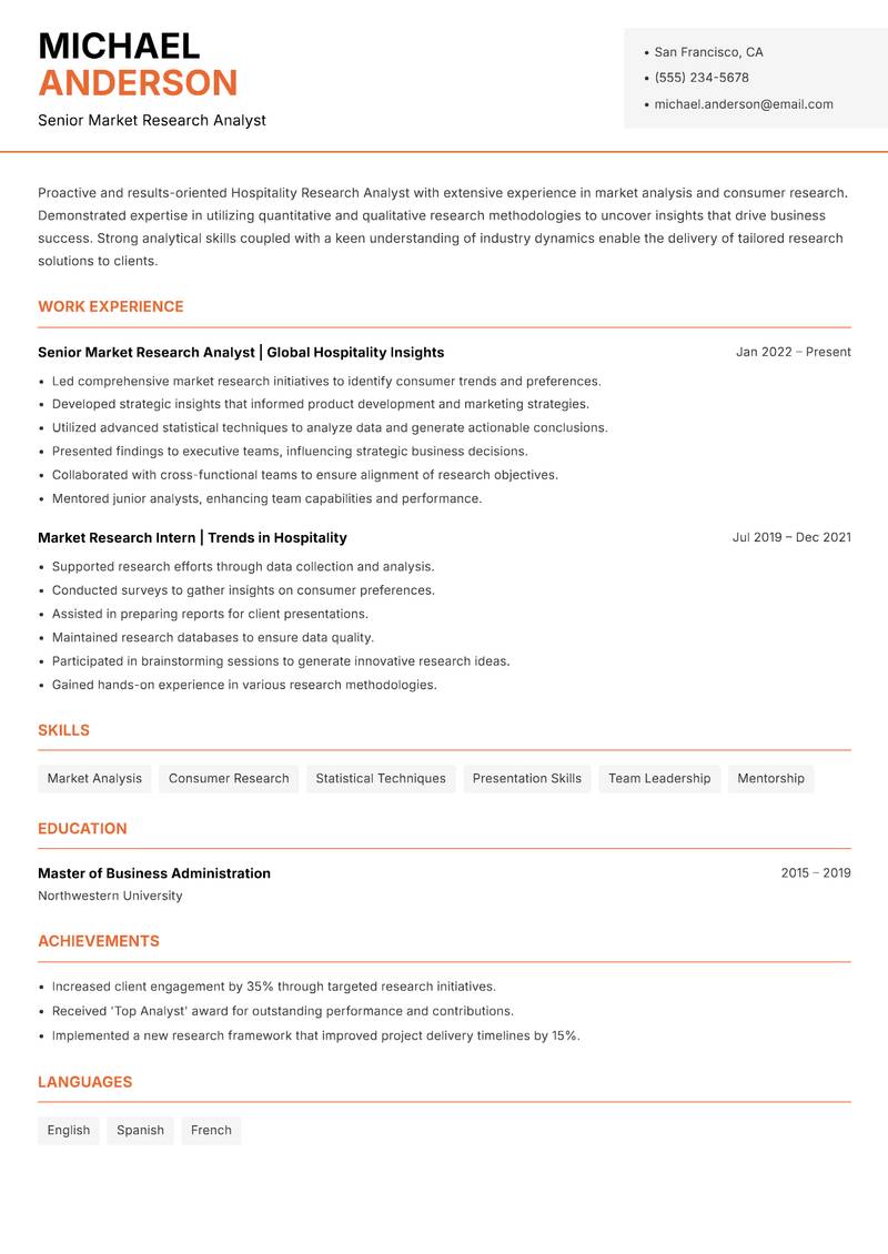 Hospitality Research Analyst resume template — Modern Professional