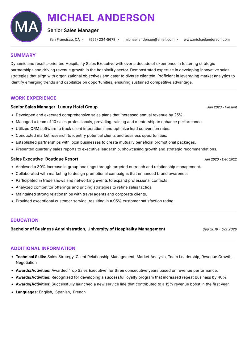 Hospitality Sales Executive resume example — ATS-friendly template