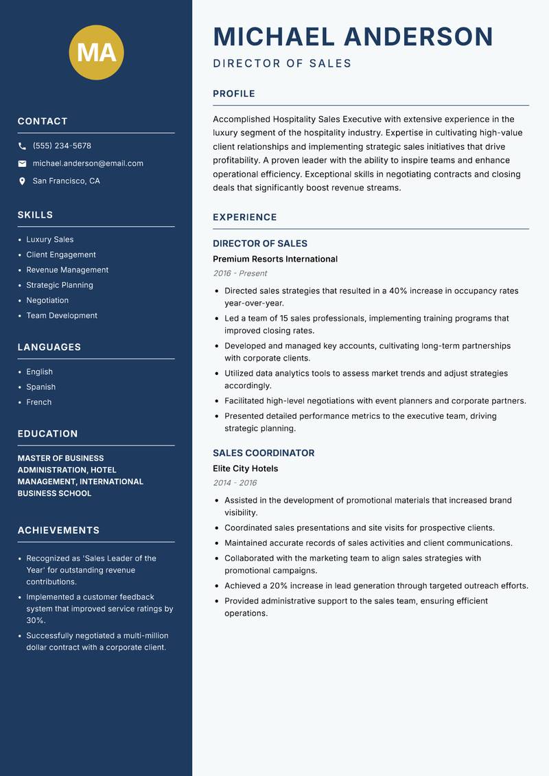 Hospitality Sales Executive resume template — Classic Clean