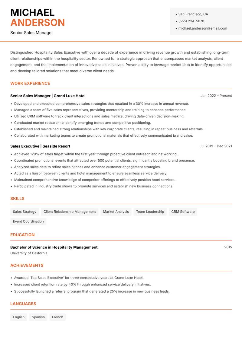 Hospitality Sales Executive resume template — Modern Professional