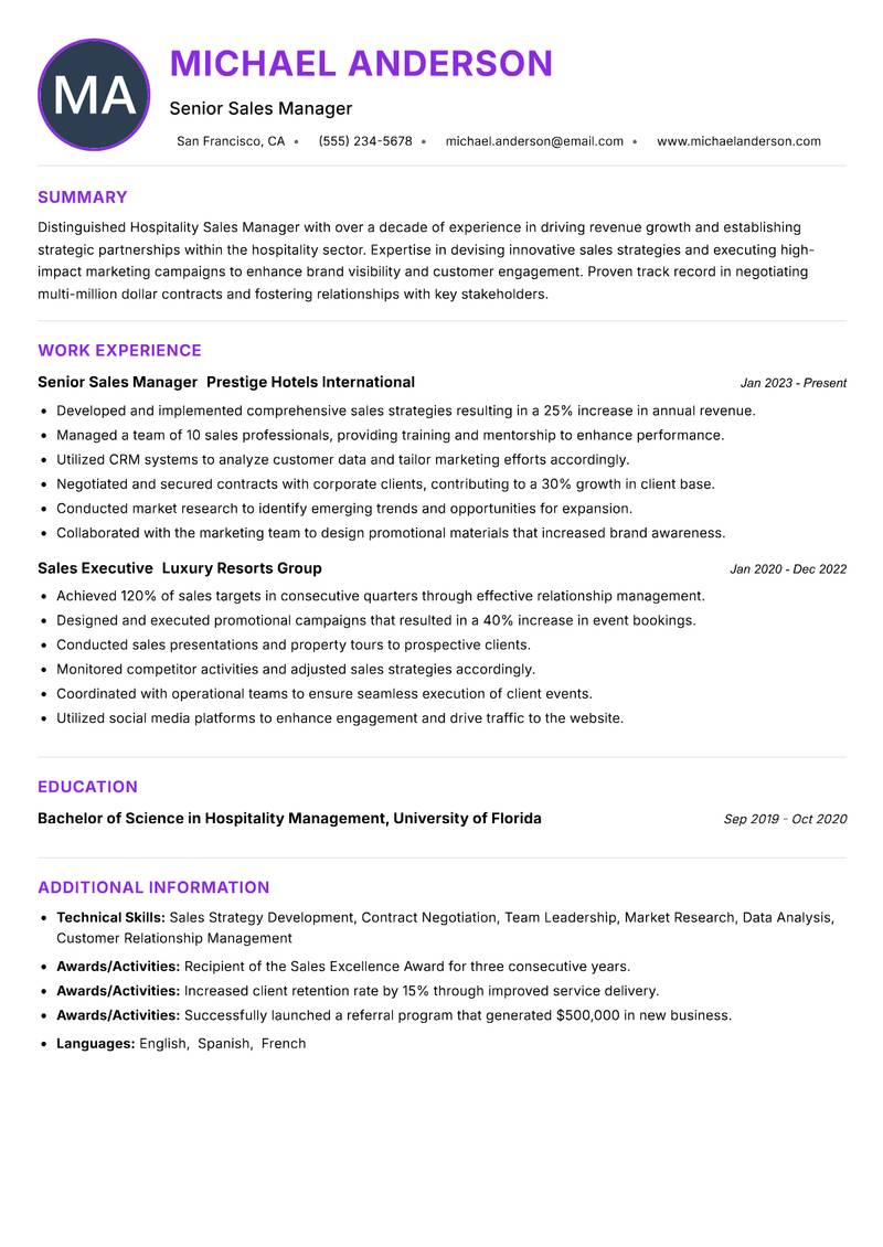 Hospitality Sales Manager resume example — ATS-friendly template