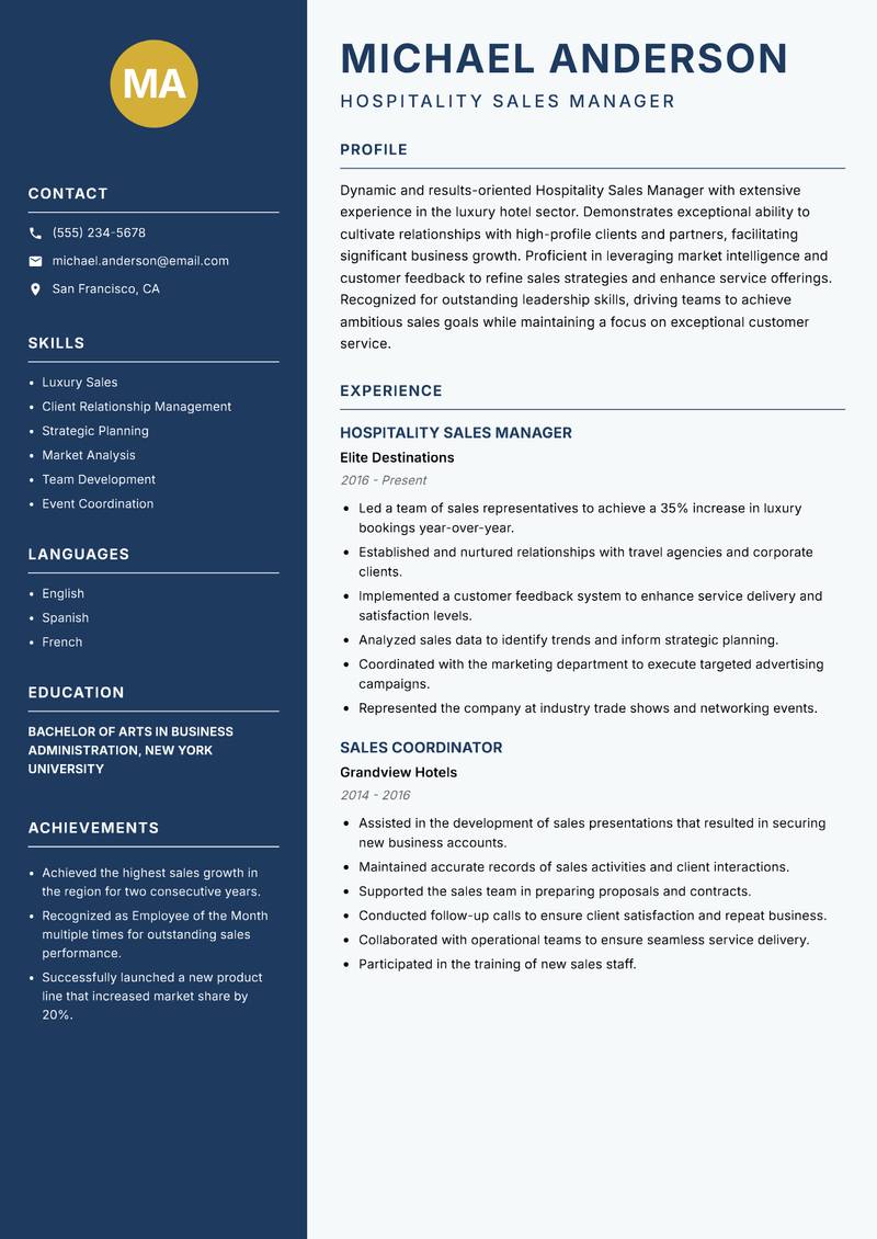 Hospitality Sales Manager resume template — Classic Clean