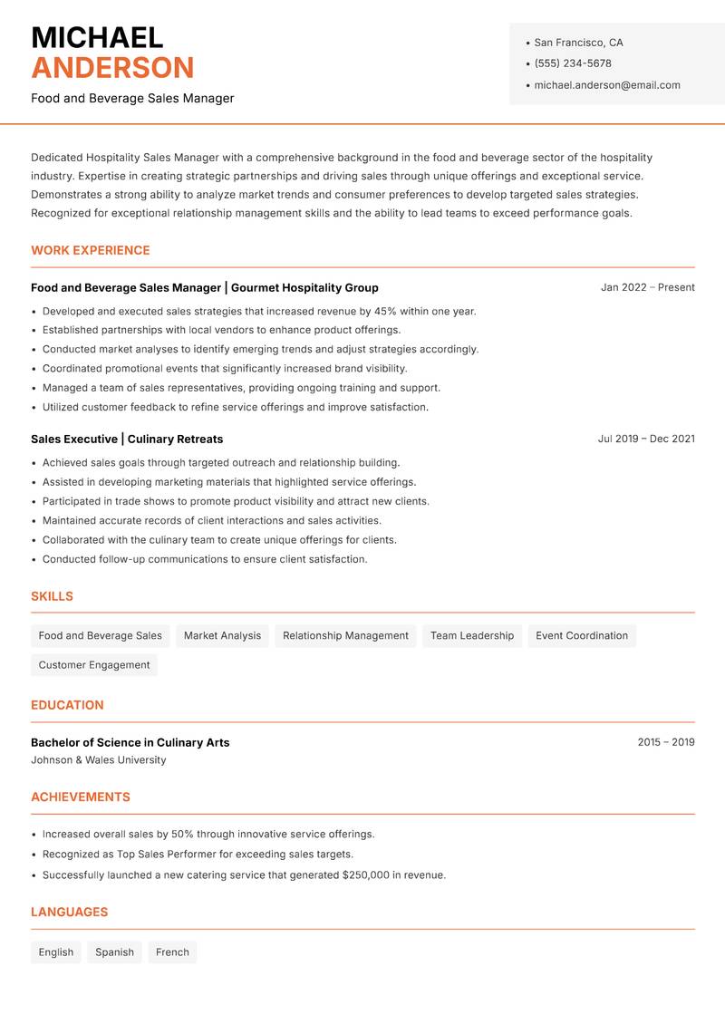 Hospitality Sales Manager resume template — Modern Professional