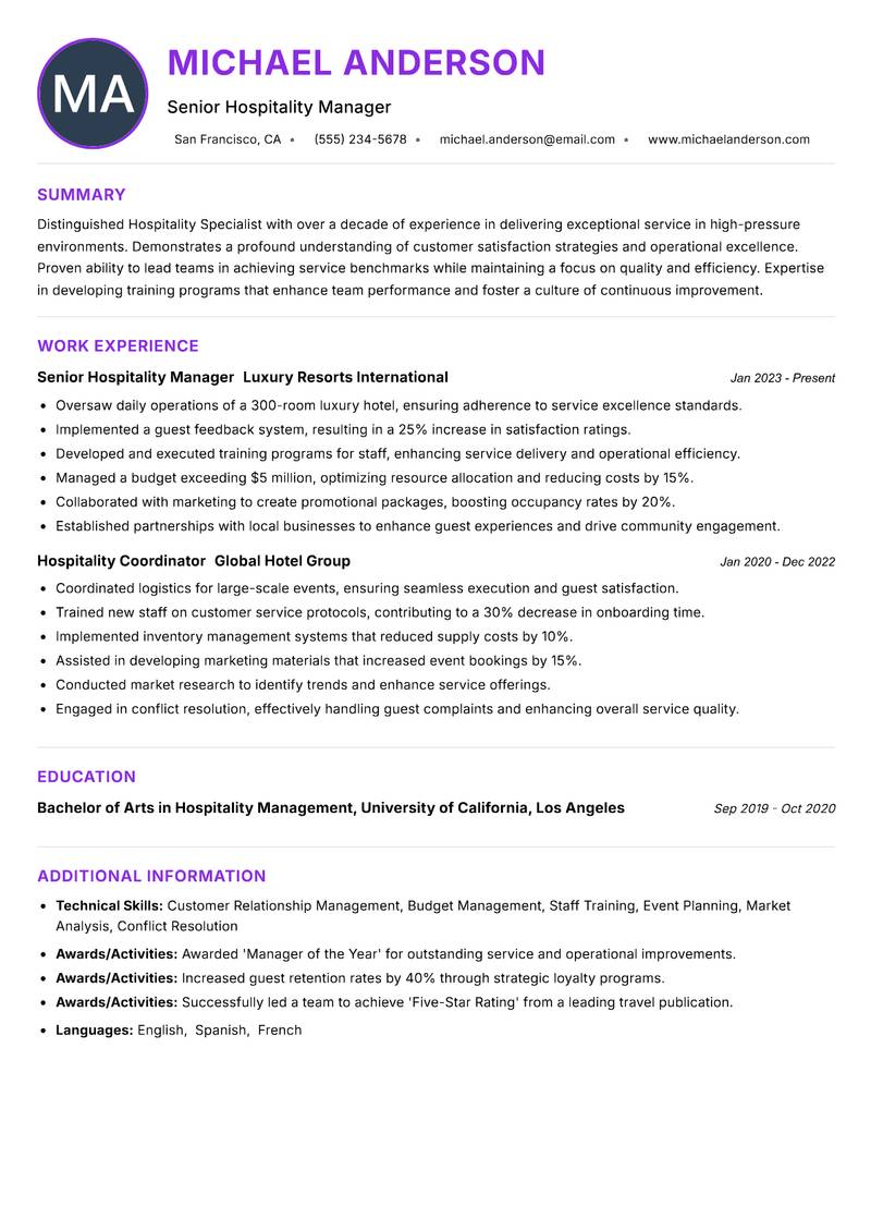 Hospitality Specialist resume example — ATS-friendly template