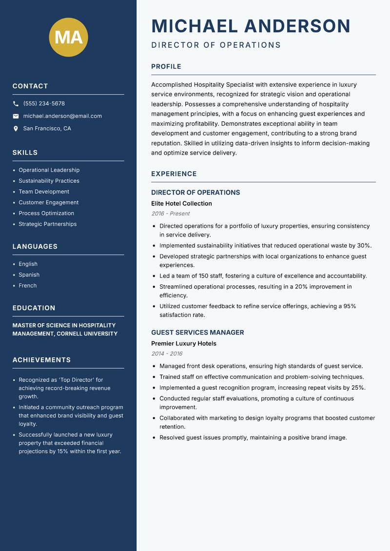 Hospitality Specialist resume template — Classic Clean