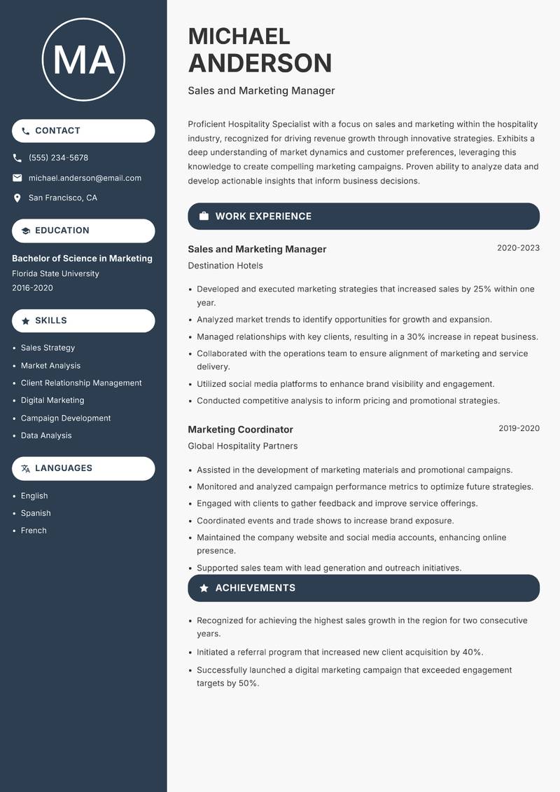Hospitality Specialist resume template — Compact