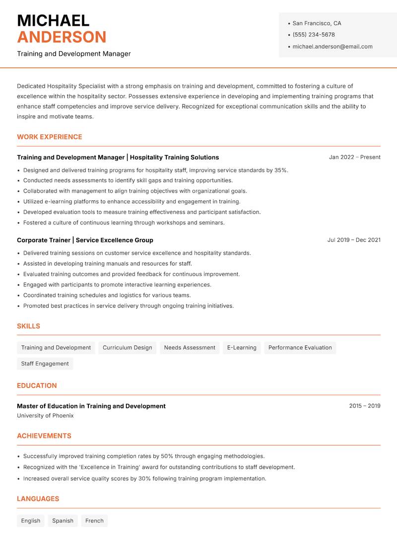 Hospitality Specialist resume template — Modern Professional