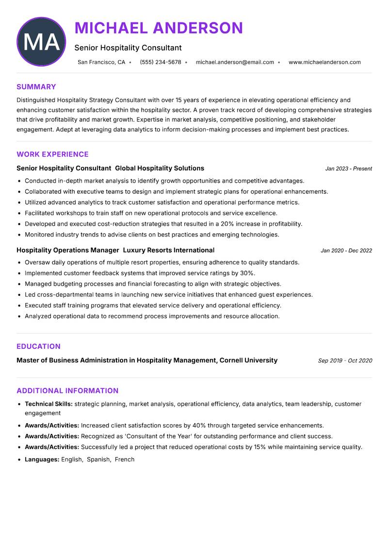 Hospitality Strategy Consultant resume example — ATS-friendly template