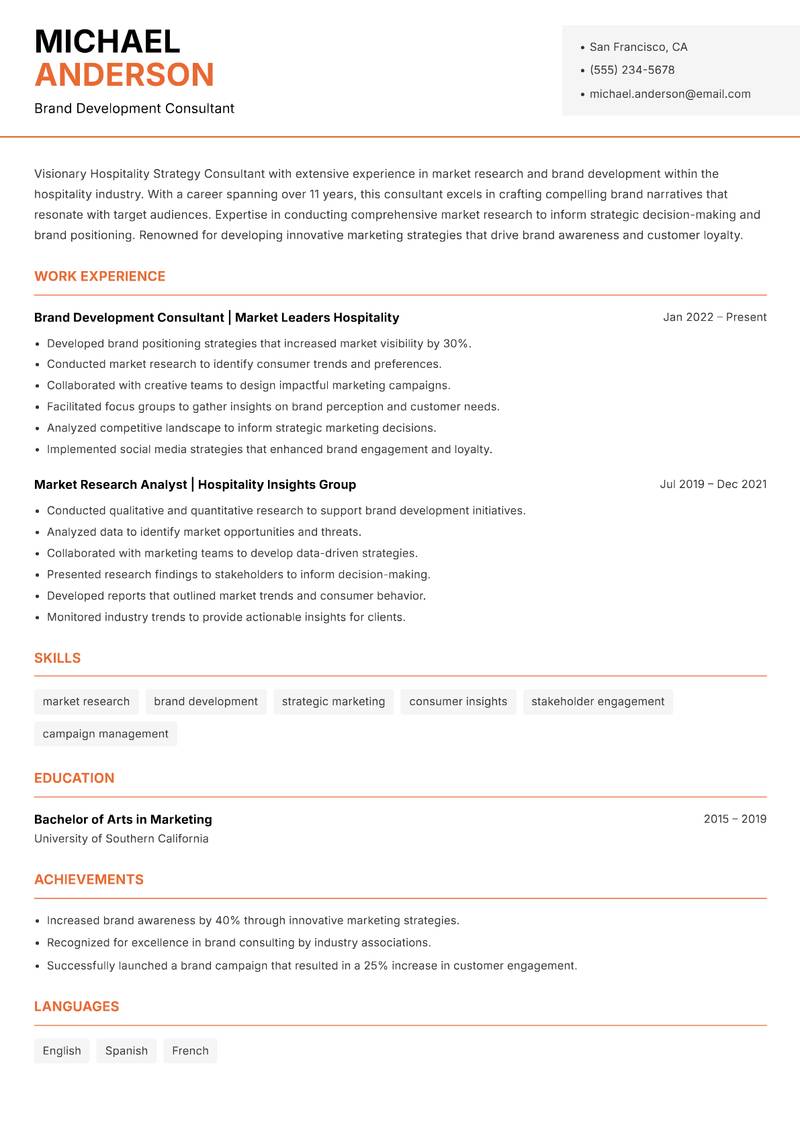 Hospitality Strategy Consultant resume template — Modern Professional