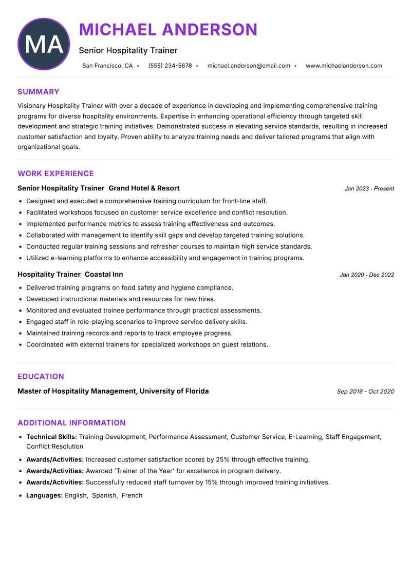 Hospitality Trainer resume example — ATS-friendly template