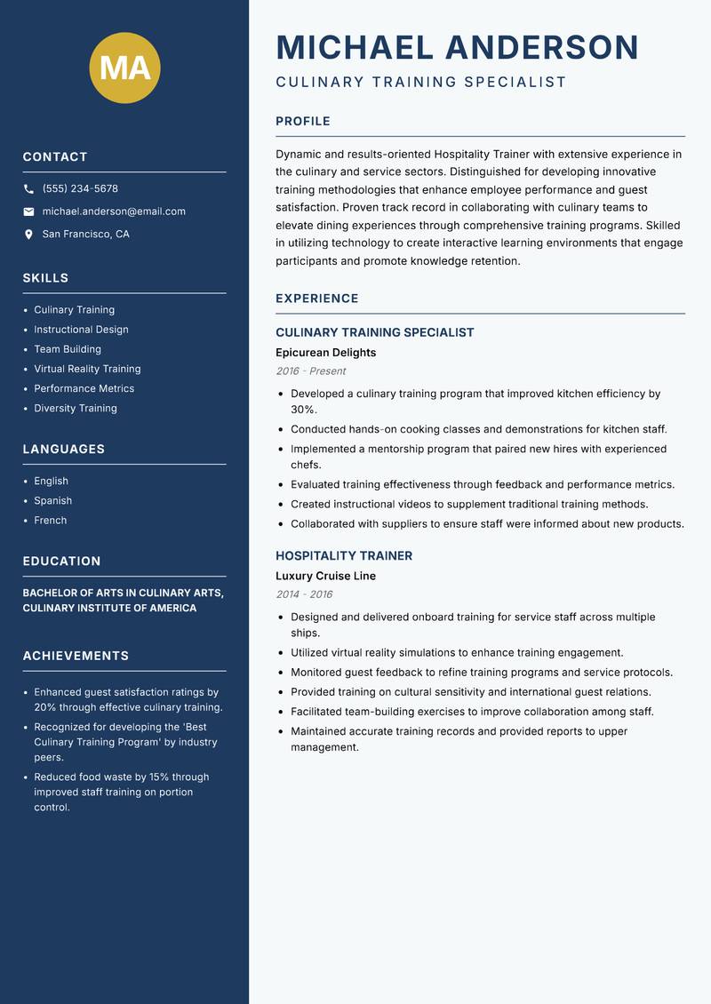 Hospitality Trainer resume template — Classic Clean