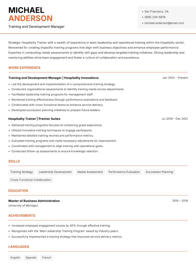 Hospitality Trainer resume template — Modern Professional