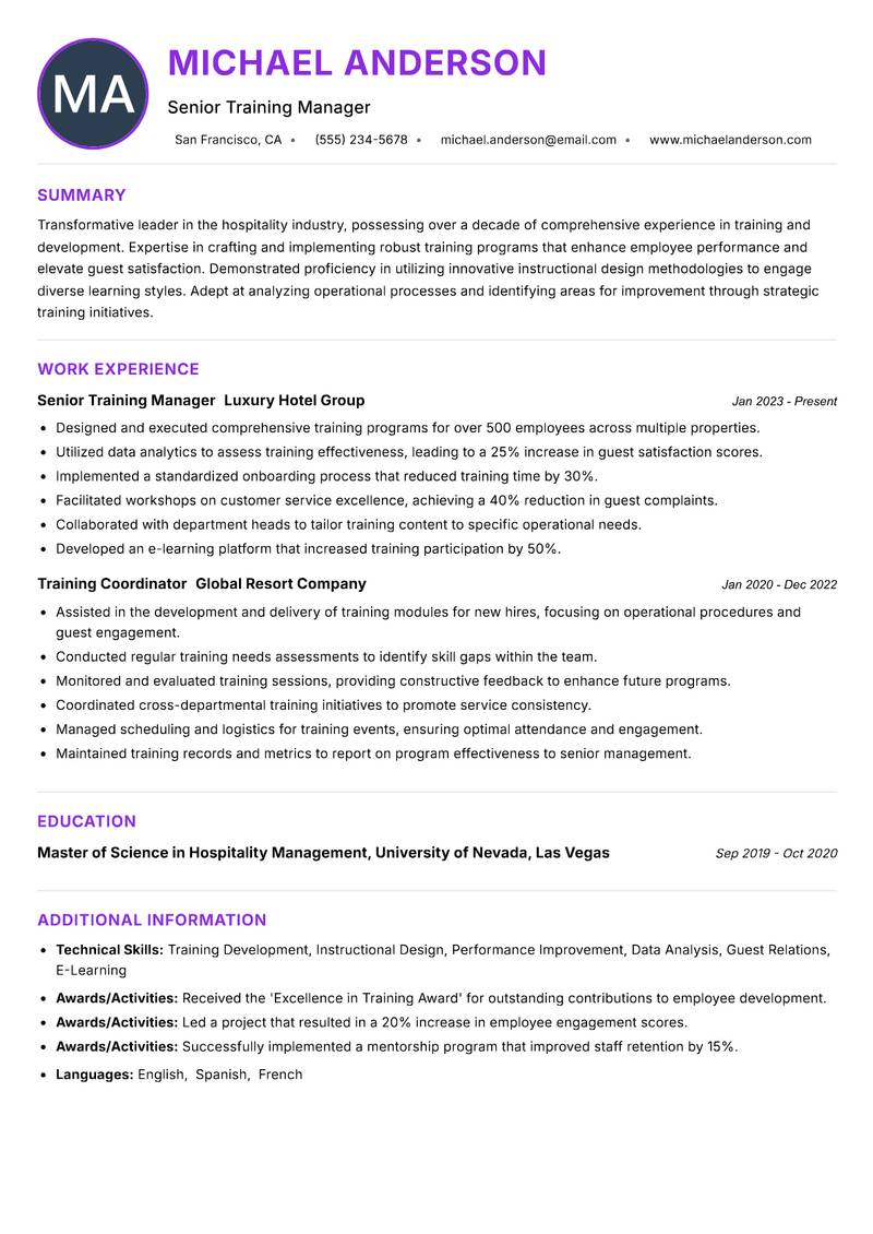 Hospitality Training Executive resume example — ATS-friendly template