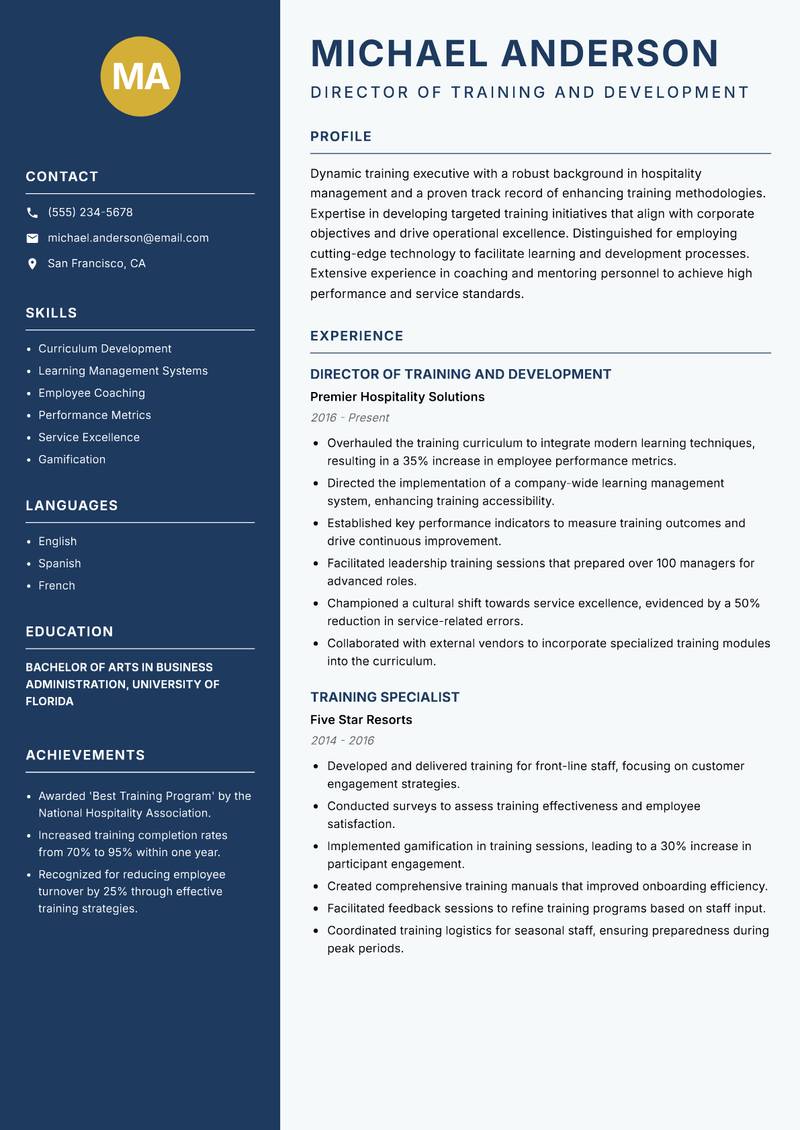 Hospitality Training Executive resume template — Classic Clean