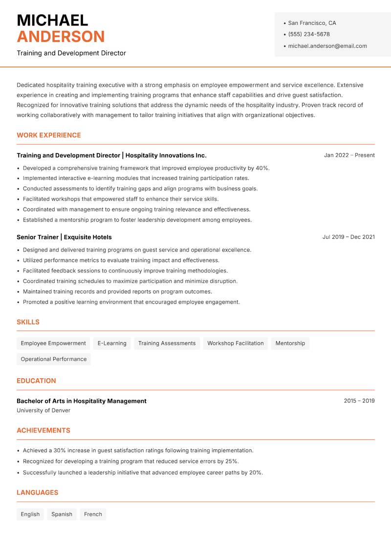 Hospitality Training Executive resume template — Modern Professional