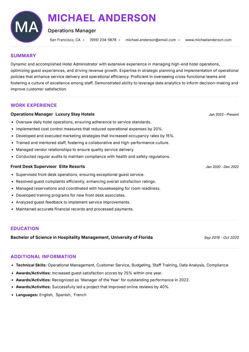 Hotel Administrator resume example — ATS-friendly template