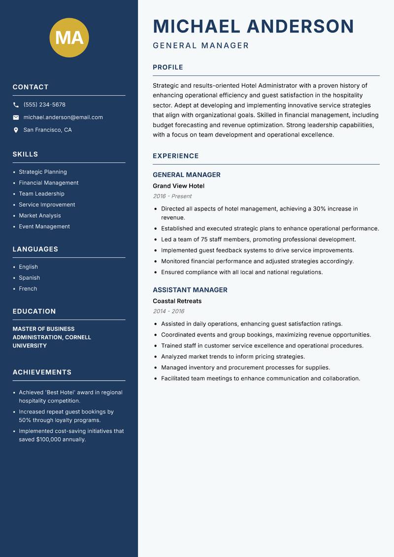 Hotel Administrator resume template — Classic Clean