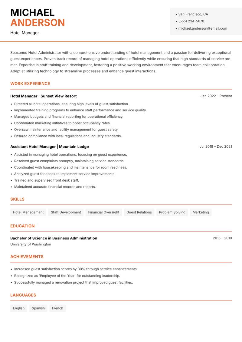 Hotel Administrator resume template — Modern Professional