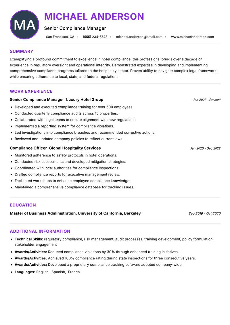 Hotel Compliance Officer resume example — ATS-friendly template