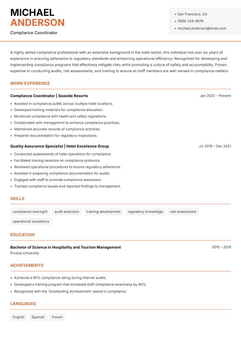 Hotel Compliance Officer resume template — Modern Professional