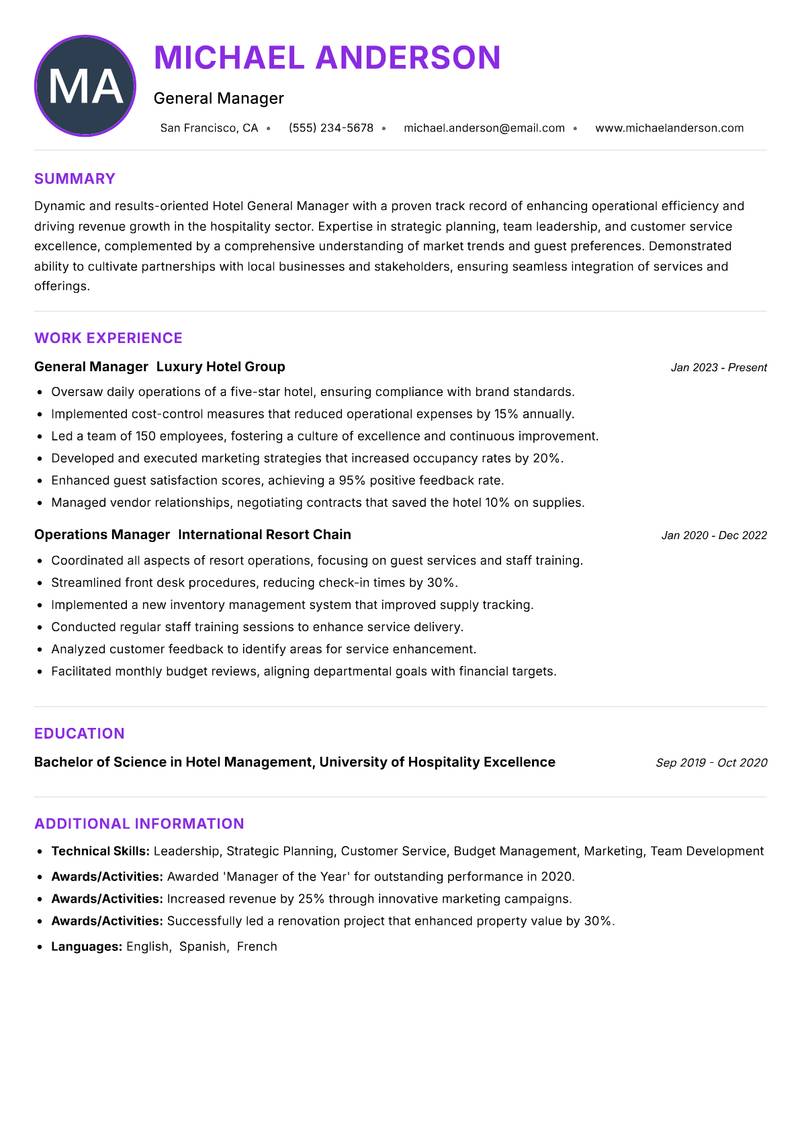 Hotel General Manager resume example — ATS-friendly template