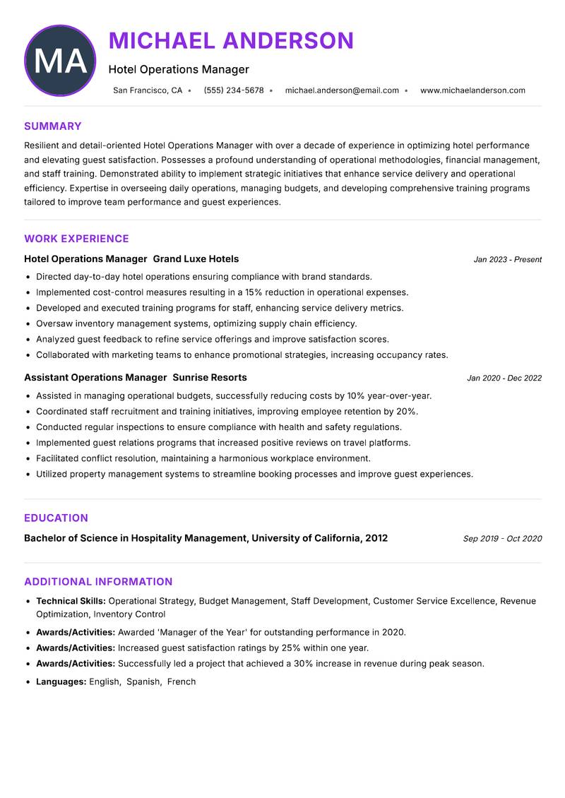 Hotel Operations Manager resume example — ATS-friendly template