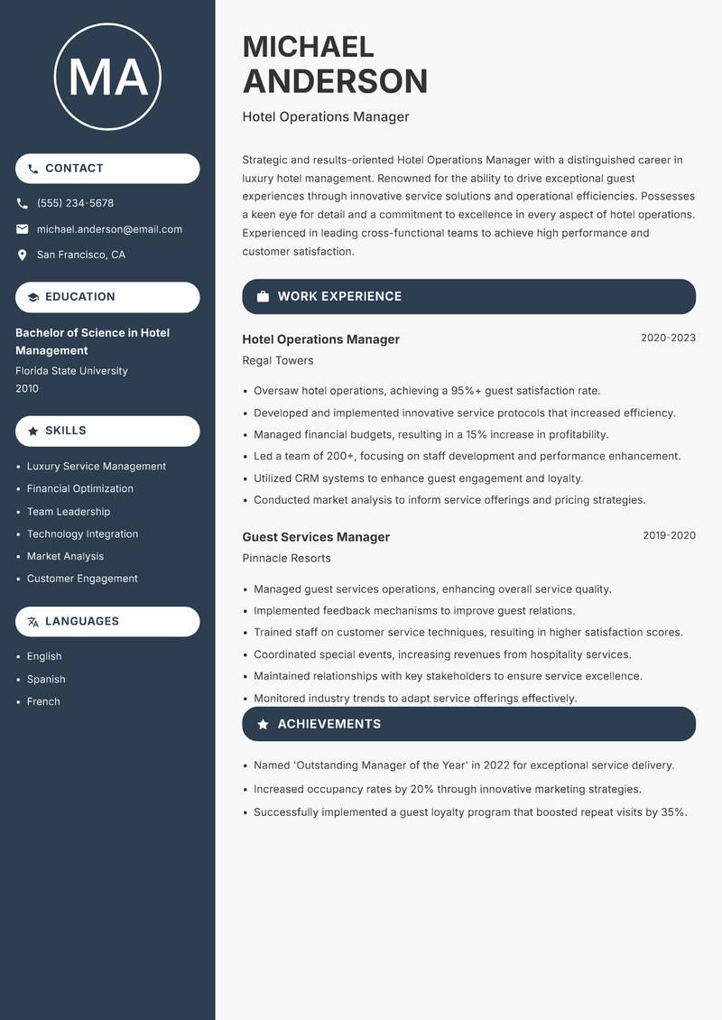 Hotel Operations Manager resume template — Compact