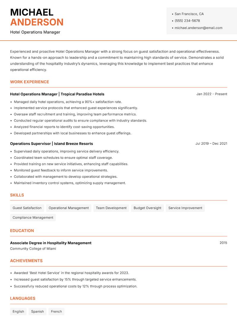 Hotel Operations Manager resume template — Modern Professional