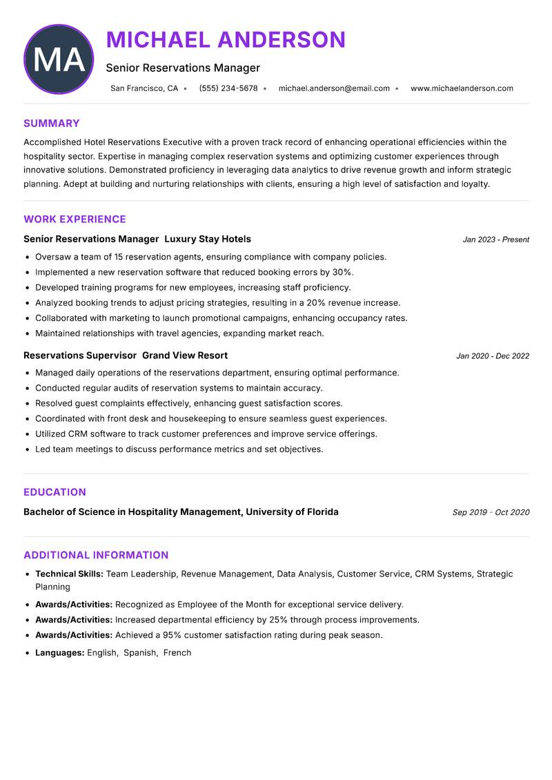 Hotel Reservations Executive resume example — ATS-friendly template