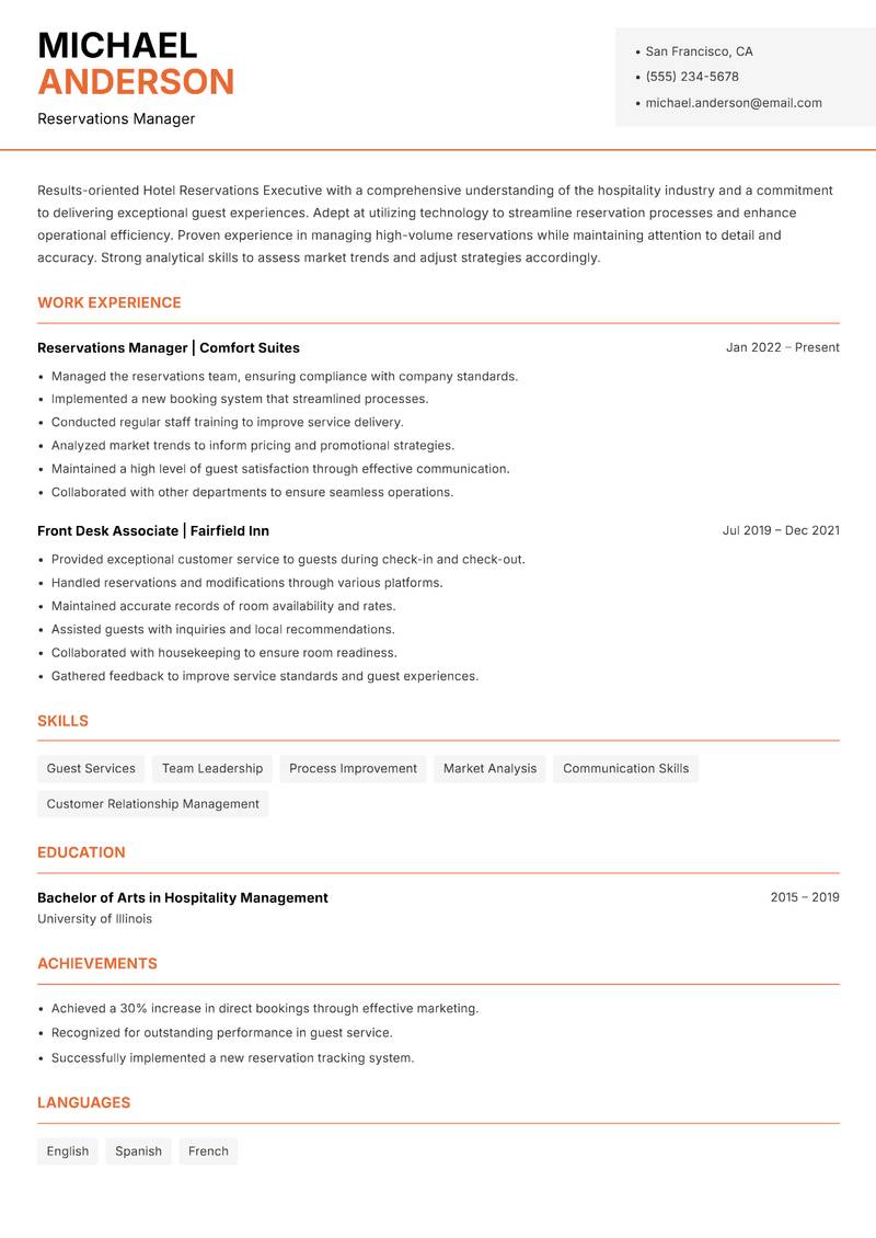Hotel Reservations Executive resume template — Modern Professional