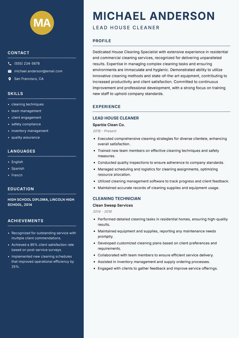 House Cleaning Specialist resume template — Classic Clean
