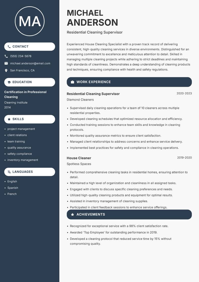 House Cleaning Specialist resume template — Compact