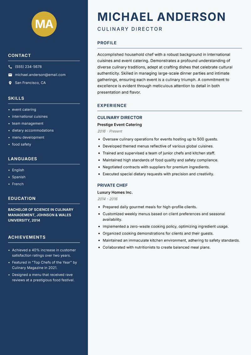 Household Chef resume template — Classic Clean