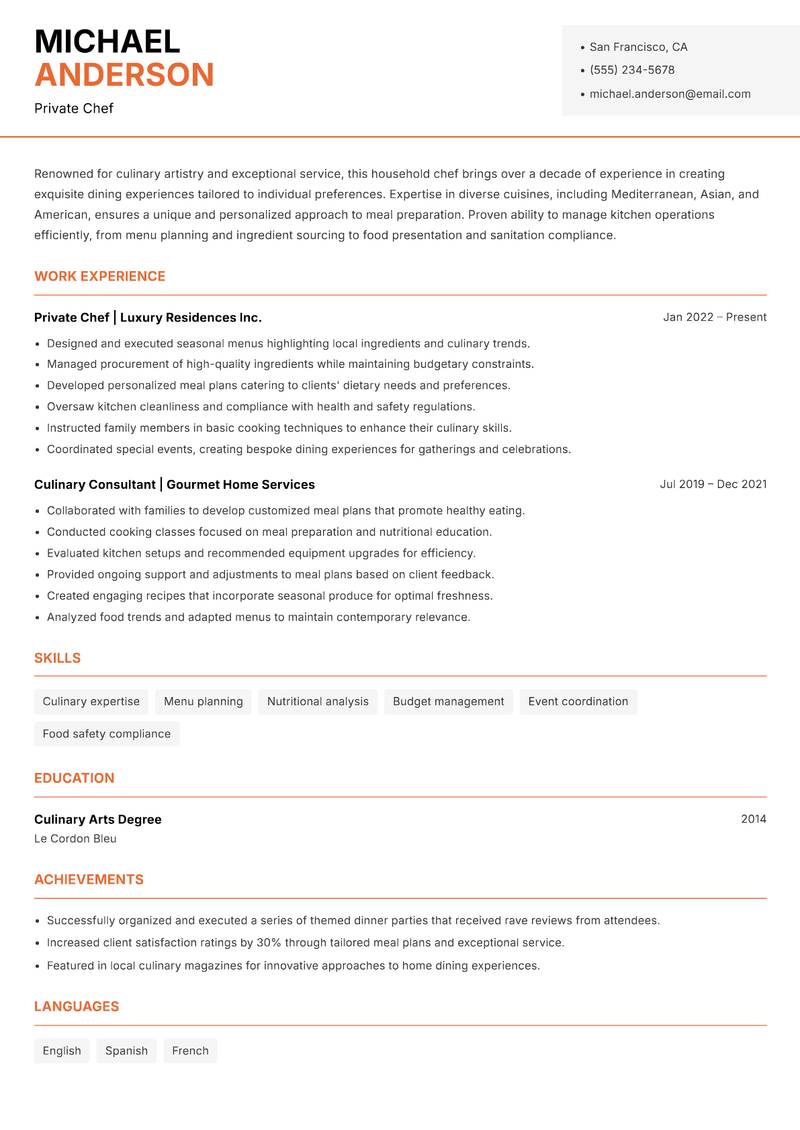 Household Chef resume template — Modern Professional