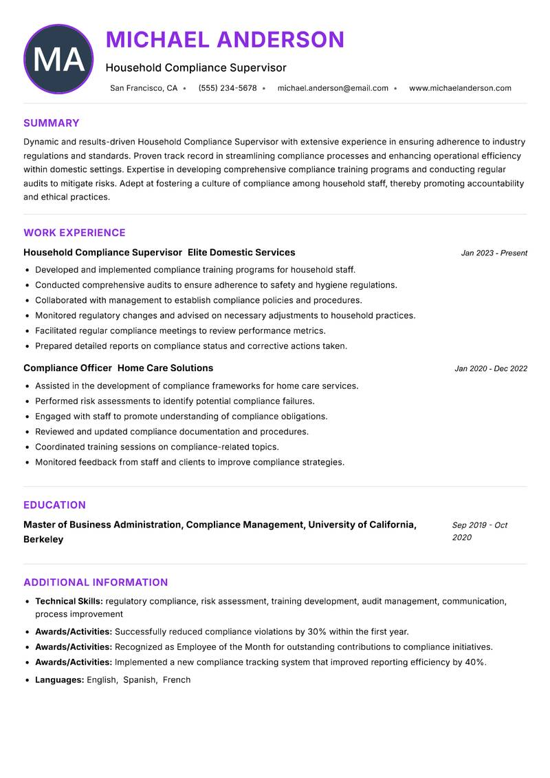 Household Compliance Supervisor resume example — ATS-friendly template