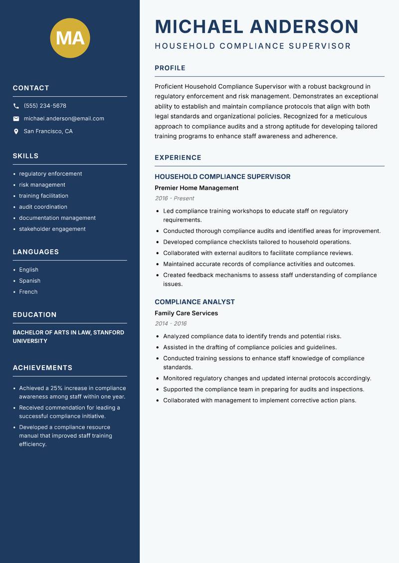 Household Compliance Supervisor resume template — Classic Clean