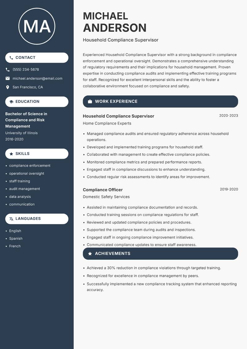 Household Compliance Supervisor resume template — Compact