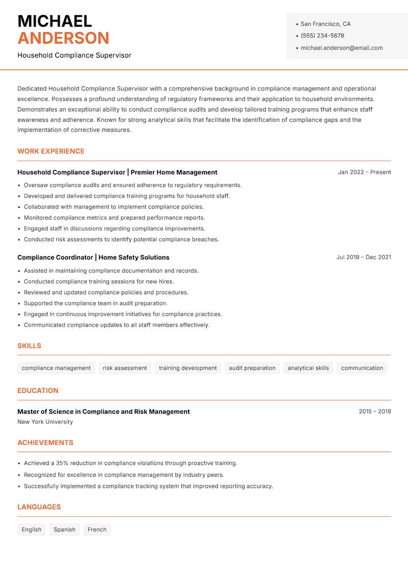 Household Compliance Supervisor resume template — Modern Professional