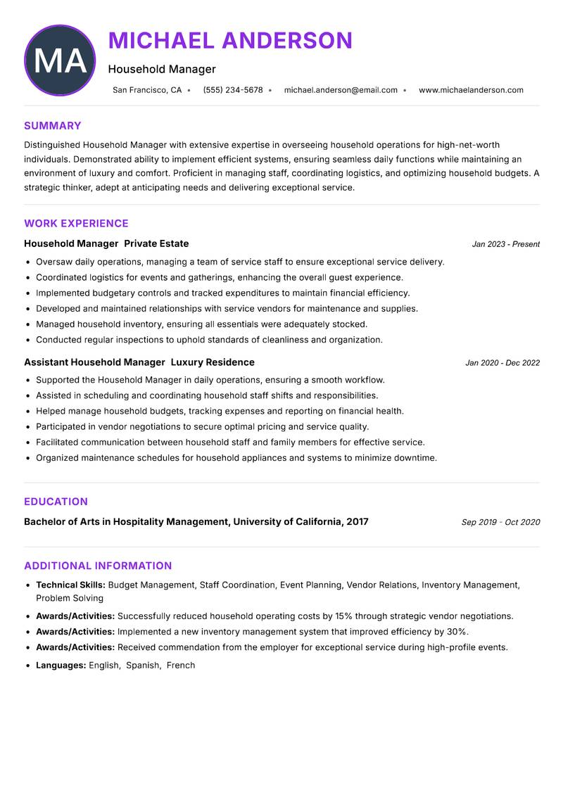 Household Manager resume example — ATS-friendly template