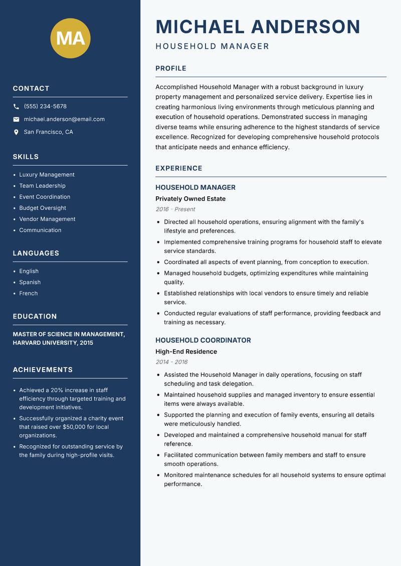 Household Manager resume template — Classic Clean