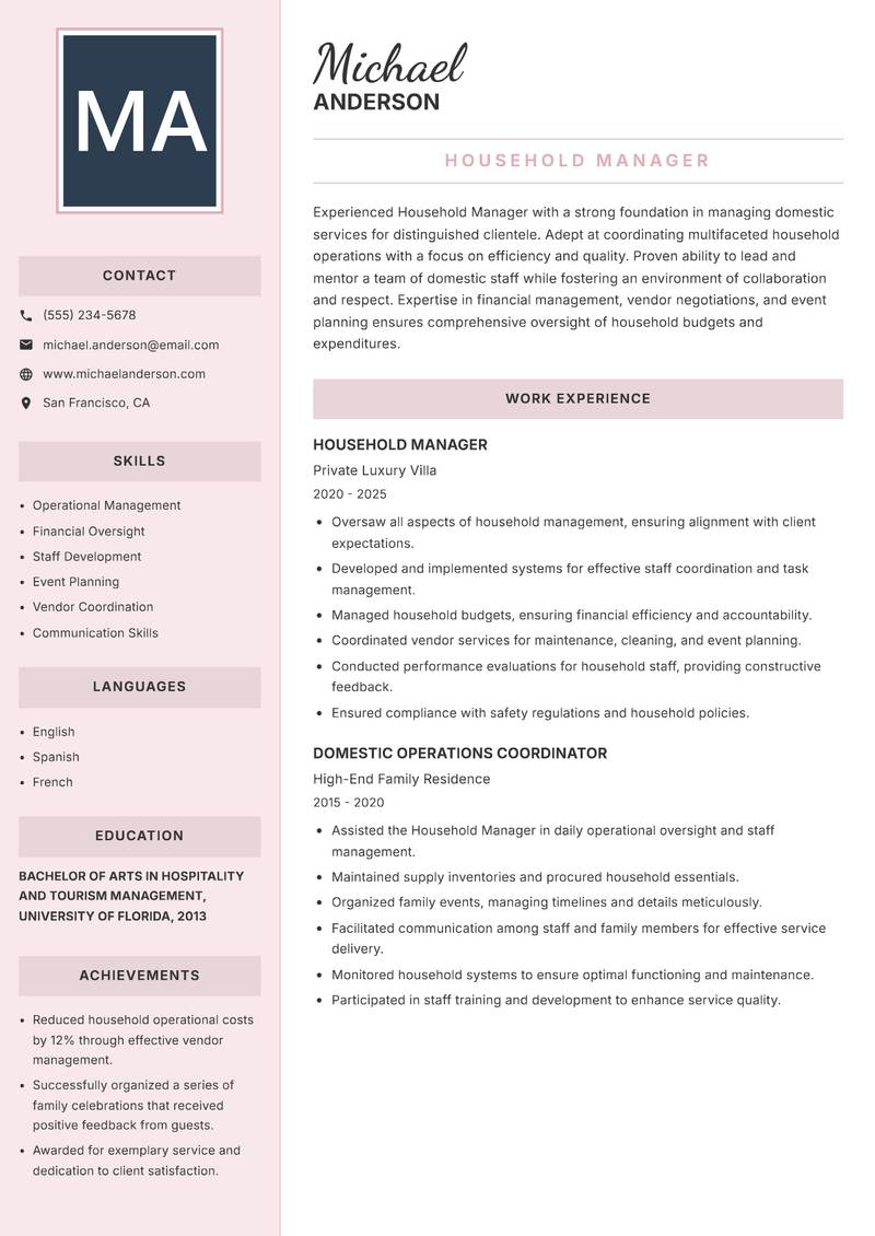 Household Manager resume template — Executive