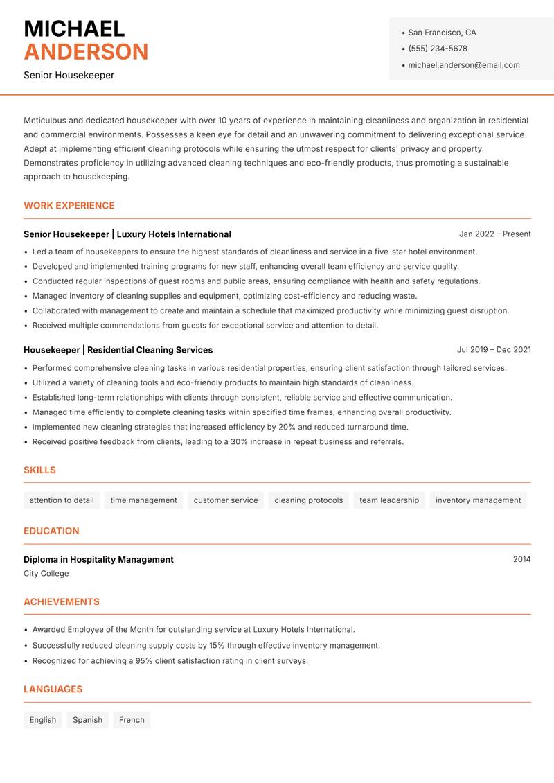 Housekeeper resume template — Modern Professional