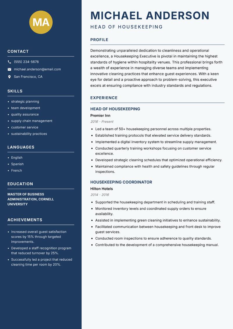 Housekeeping Executive resume template — Classic Clean
