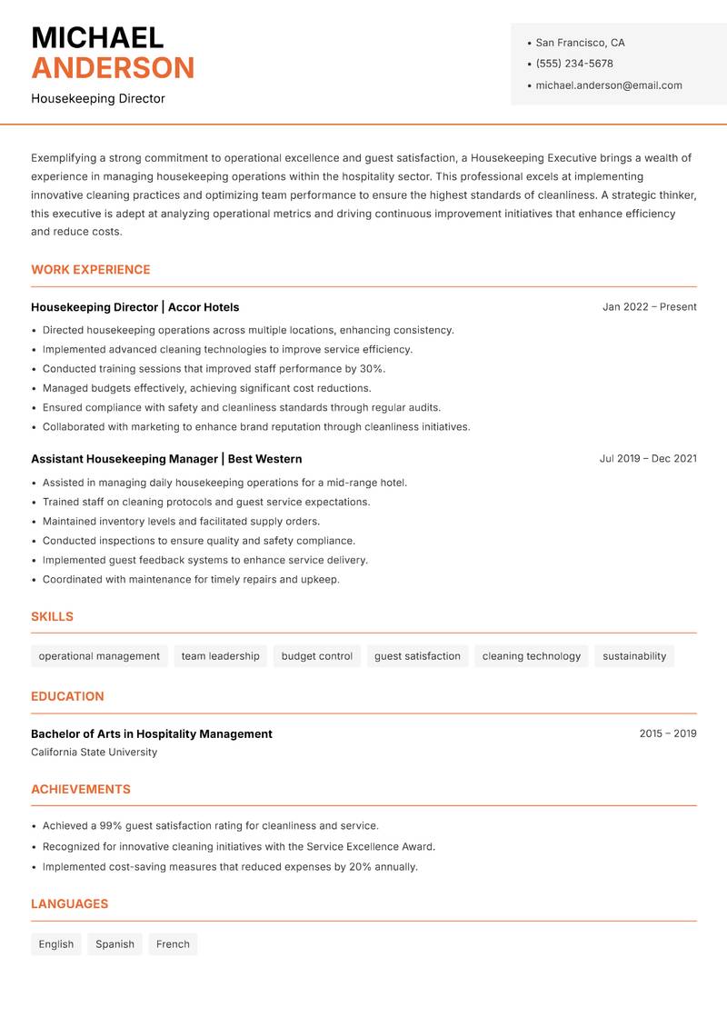 Housekeeping Executive resume template — Modern Professional